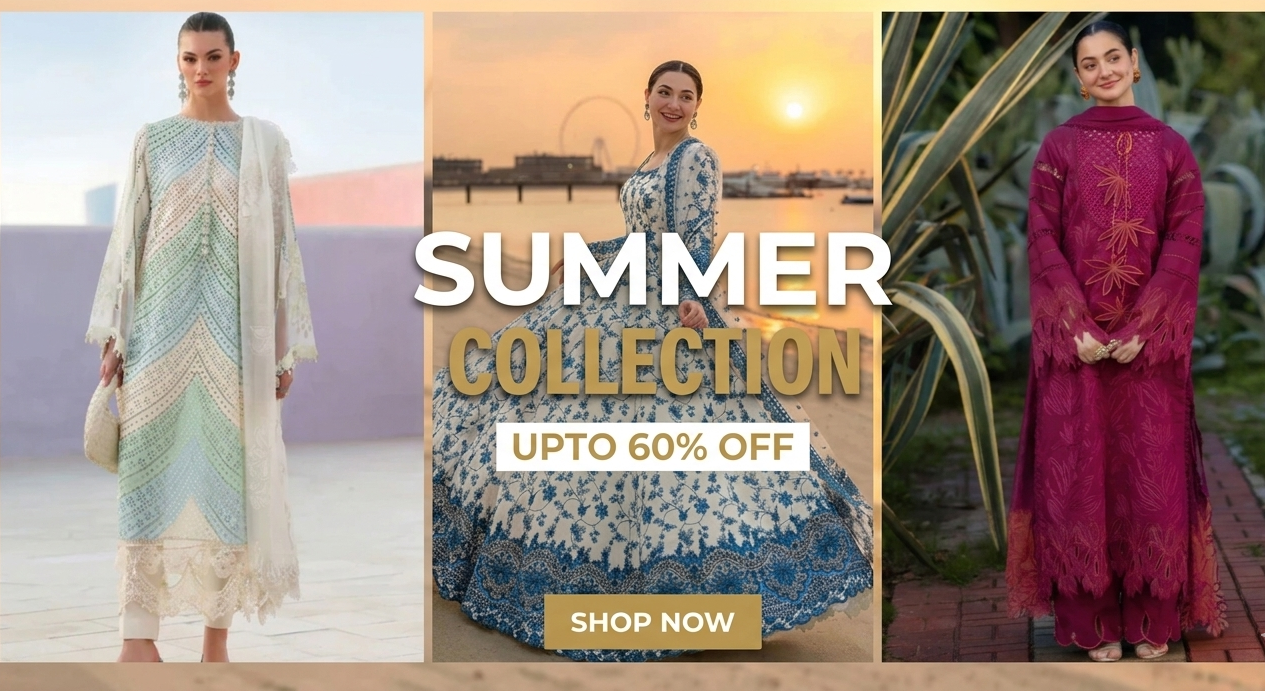 Online fashion store homepage with summer collection promotion featuring three women in traditional attire.