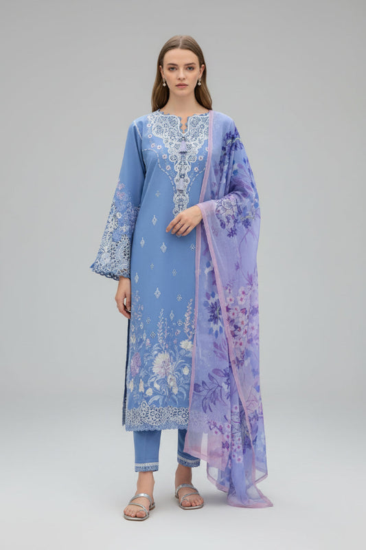 khaadi stdudio Lawn 3pc unstitched heavy embroiered suit with shaffon dupatta