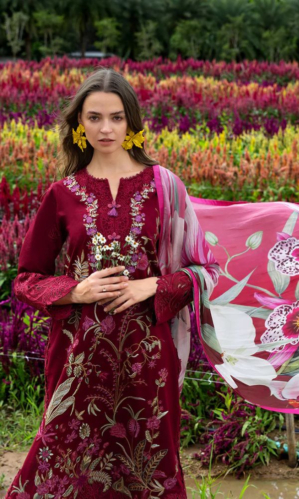 khaadi studio Lawn 3pc usntitched heavy summer embroidered suit silk dupatta