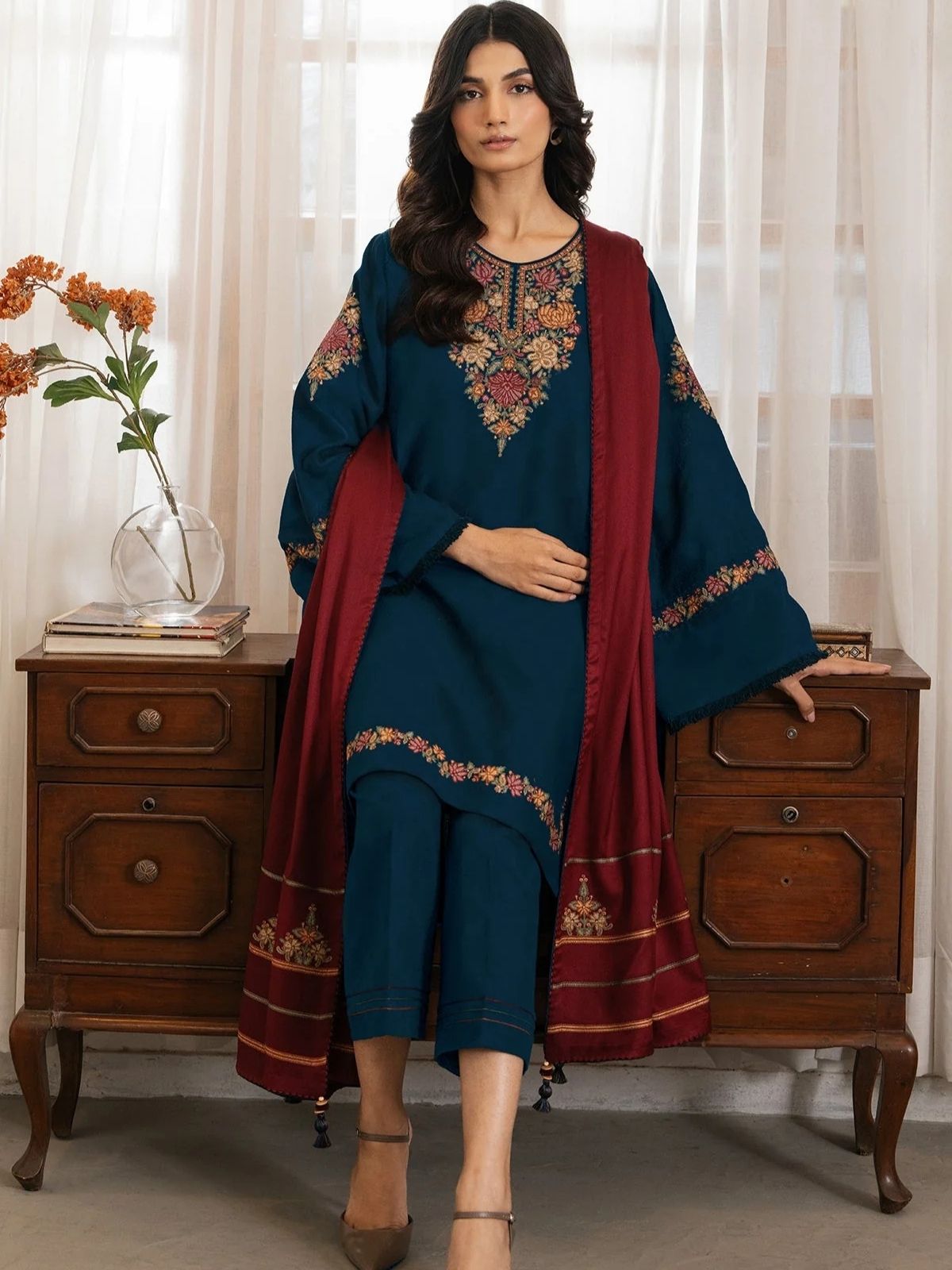 Dhanak 3pc unstitched winter collection embroiered suit