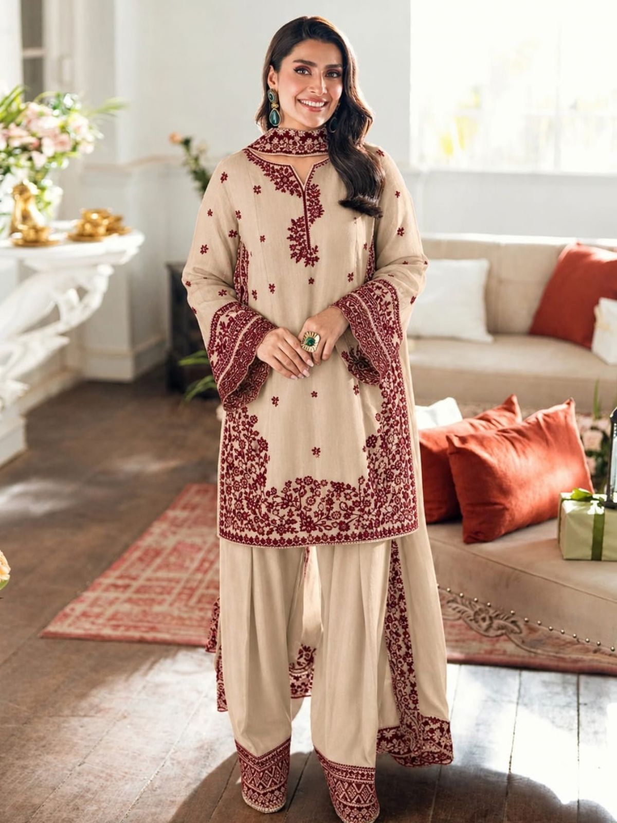 Dhanak 3pc unstitched embroidered winter collection suit