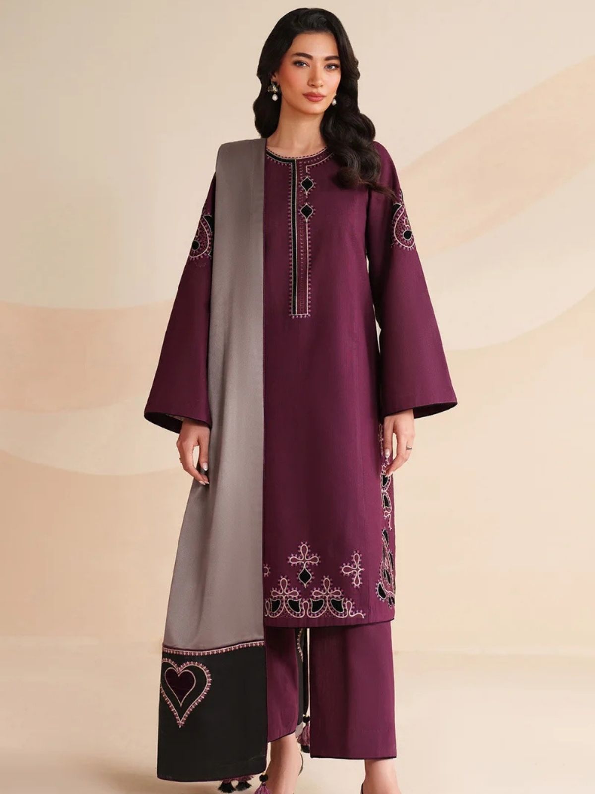 Dhanak 3pc unstitched winter collection embroidered suit