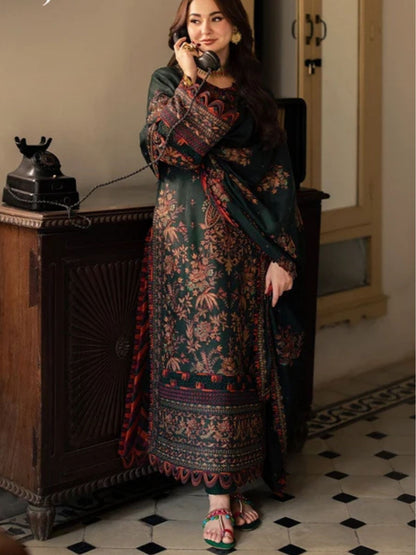 Dhanak 3pc unstitched winter collection embroidered suit