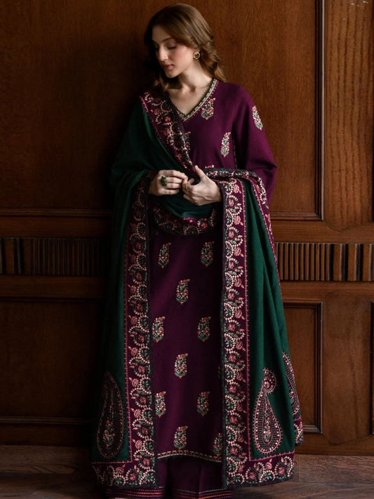 Dhanak 3pc unstitched winter collection embroidered suit with ready to wear shawl