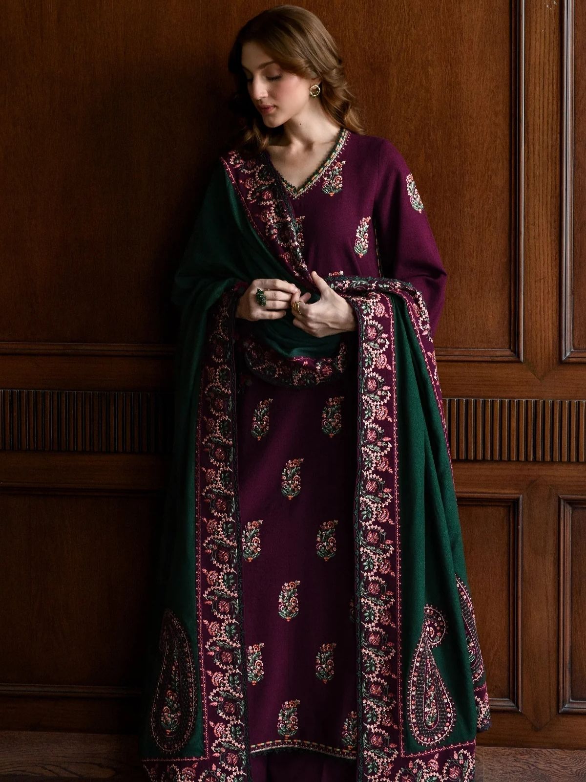 Dhanak 3pc unstitched winter collection embroidered suit with ready to wear shawl
