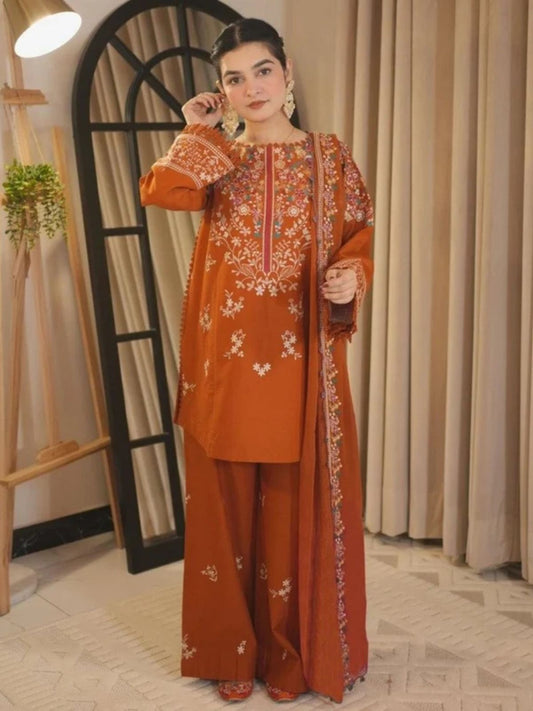 Dhanak 3pc unstitched winter collection embroidered suit with embroidered trouser